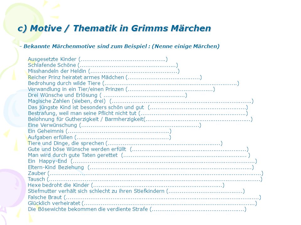 c) Motive / Thematik in Grimms Märchen