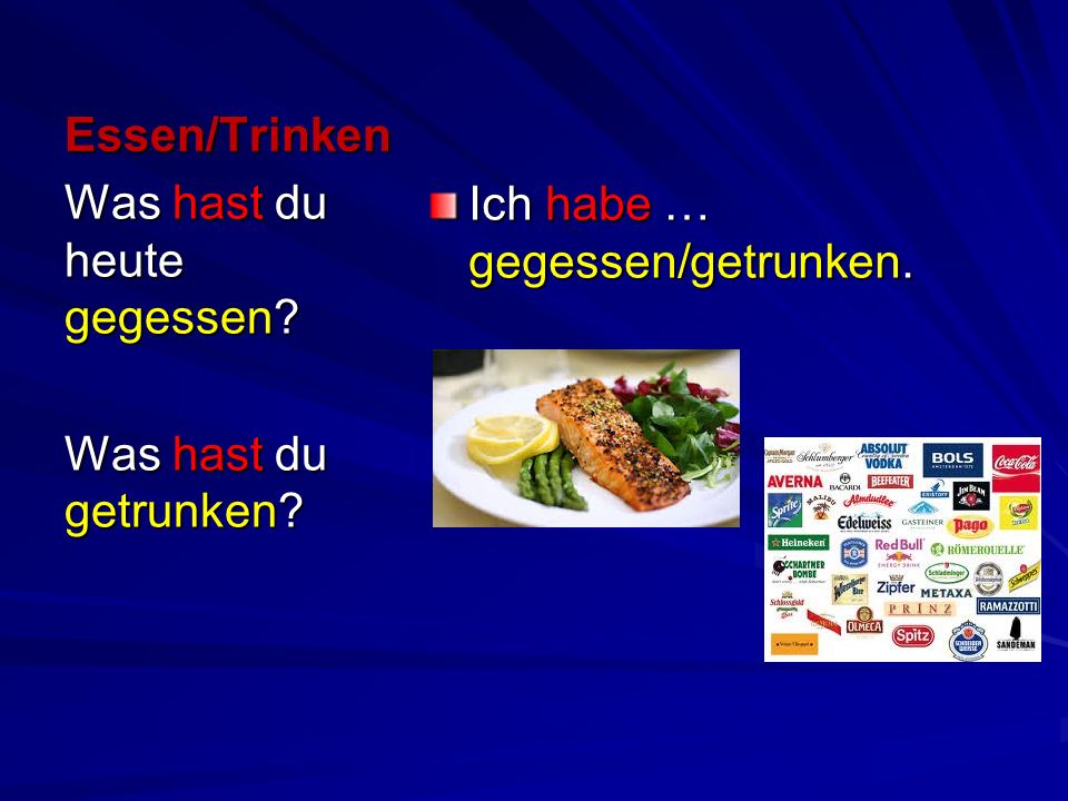 Essen/Trinken Ich habe … gegessen/getrunken. Was hast du heute gegessen Was hast du getrunken