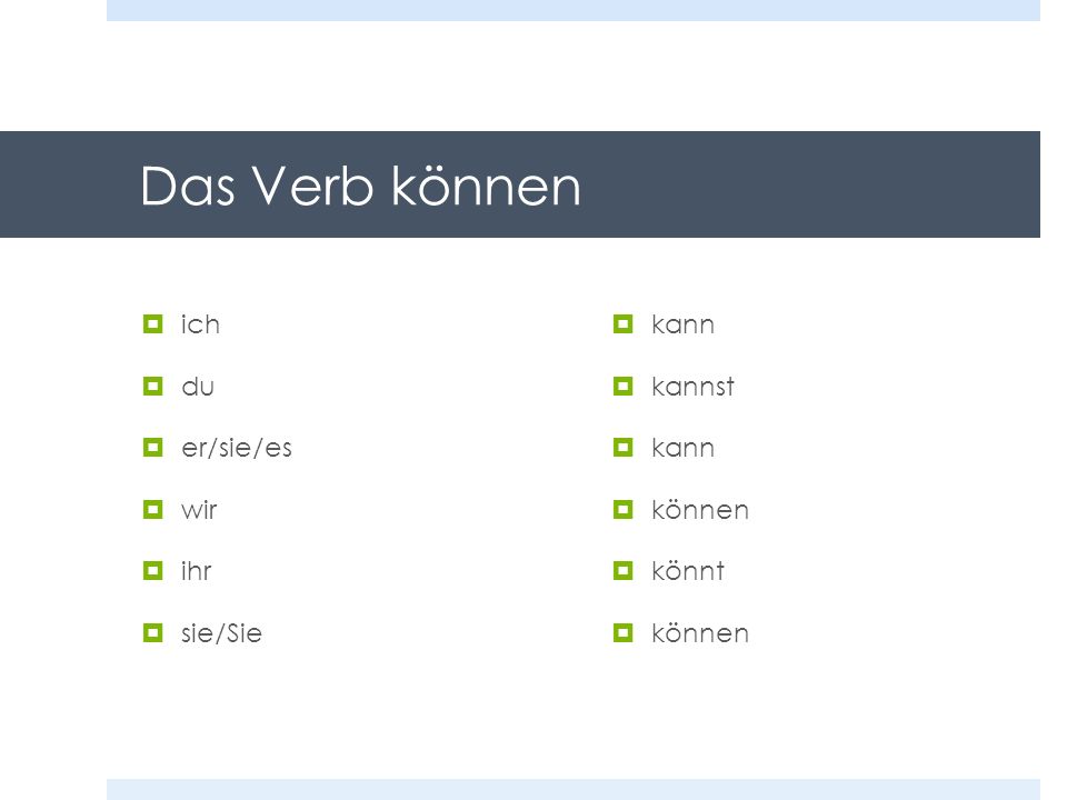 Das Verb können ich du er/sie/es wir ihr sie/Sie kann kannst können