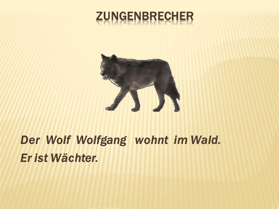 Zungenbrecher Der Wolf Wolfgang wohnt im Wald. Er ist Wächter.