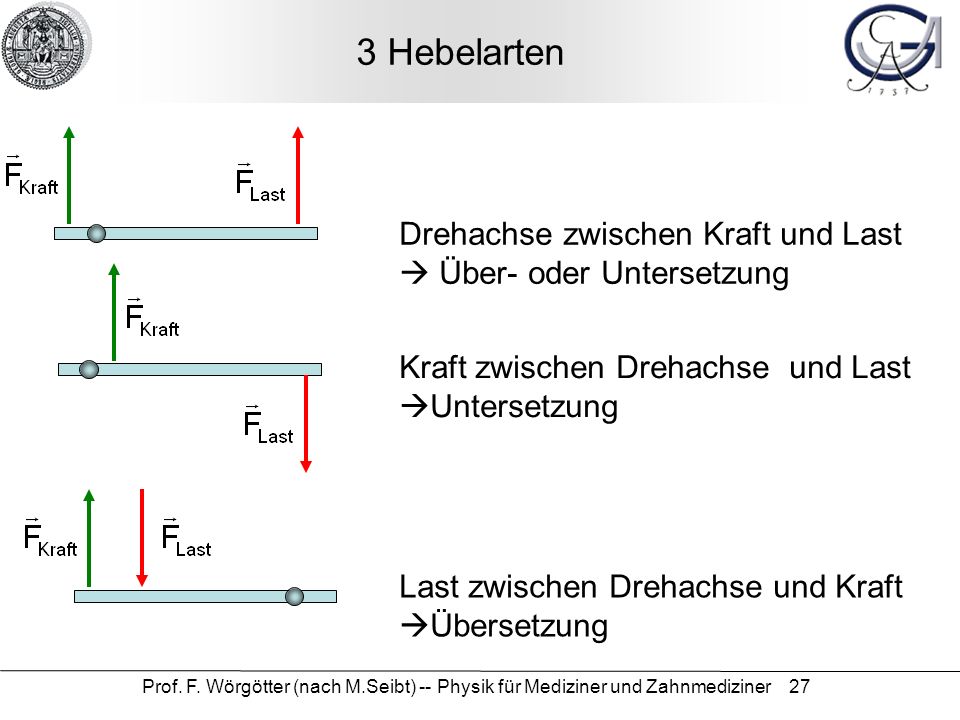 3 Hebelarten Drehachse zwischen Kraft und Last  Über- oder Untersetzung. Kraft zwischen Drehachse und Last Untersetzung.