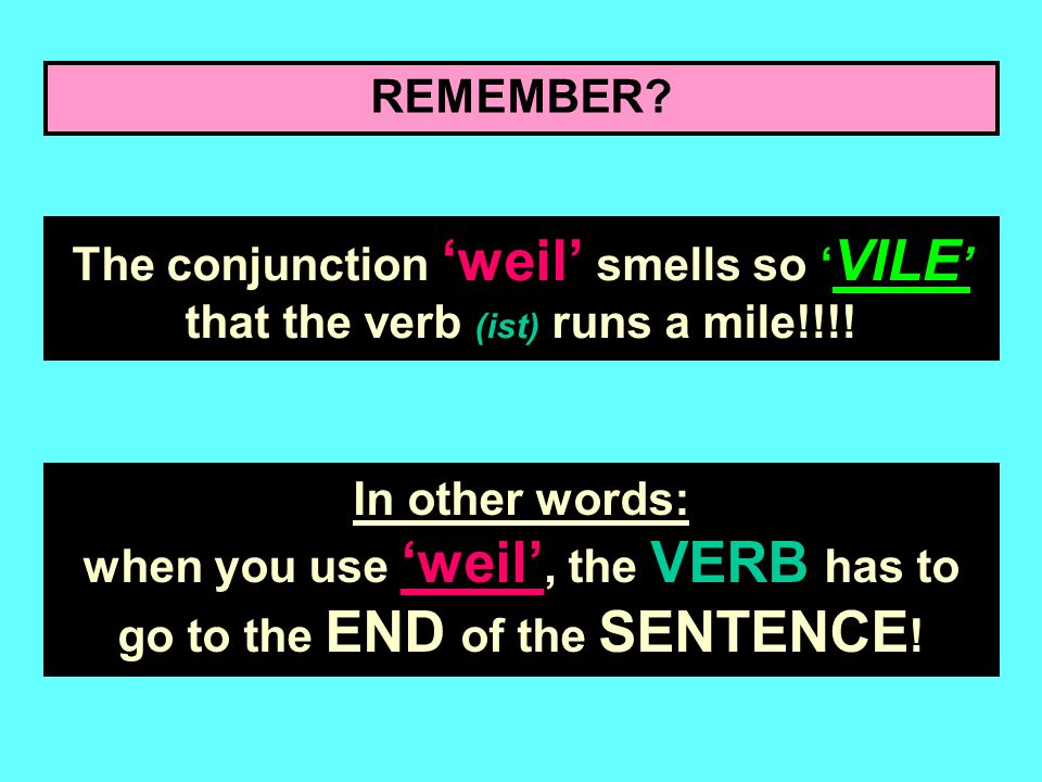 REMEMBER The conjunction ‘weil’ smells so ‘VILE’ that the verb (ist) runs a mile!!!!