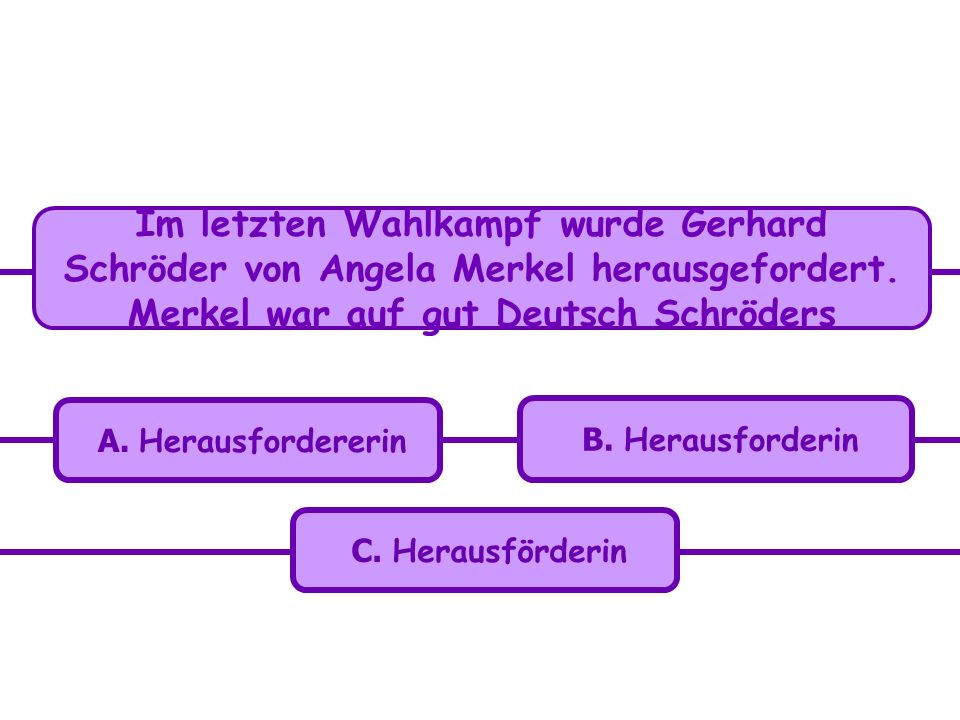 Im letzten Wahlkampf wurde Gerhard Schröder von Angela Merkel herausgefordert. Merkel war auf gut Deutsch Schröders