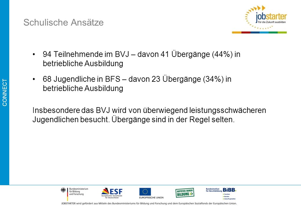 Schulische Ansätze 94 Teilnehmende im BVJ – davon 41 Übergänge (44%) in betriebliche Ausbildung.
