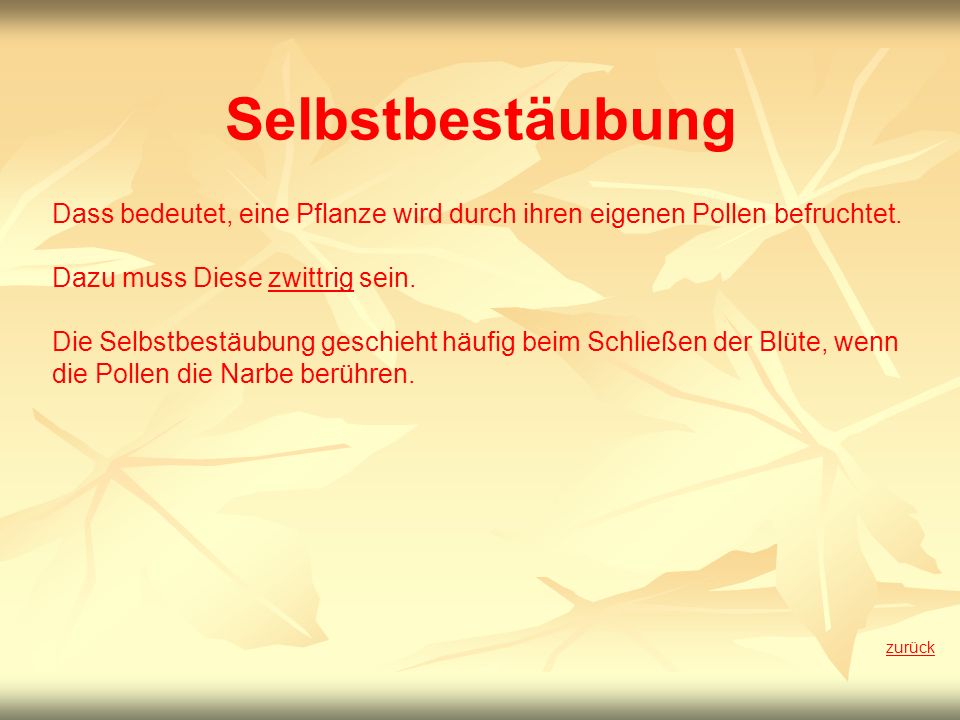 Selbstbestäubung Dass bedeutet, eine Pflanze wird durch ihren eigenen Pollen befruchtet. Dazu muss Diese zwittrig sein.
