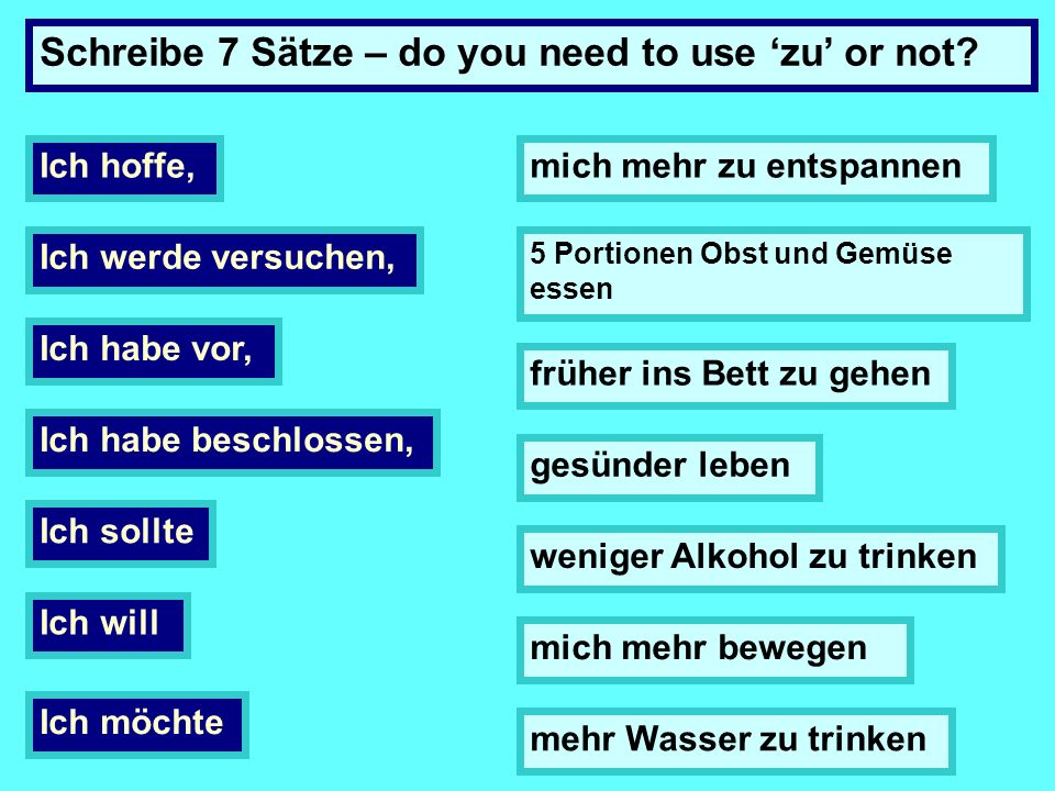Schreibe 7 Sätze – do you need to use ‘zu’ or not