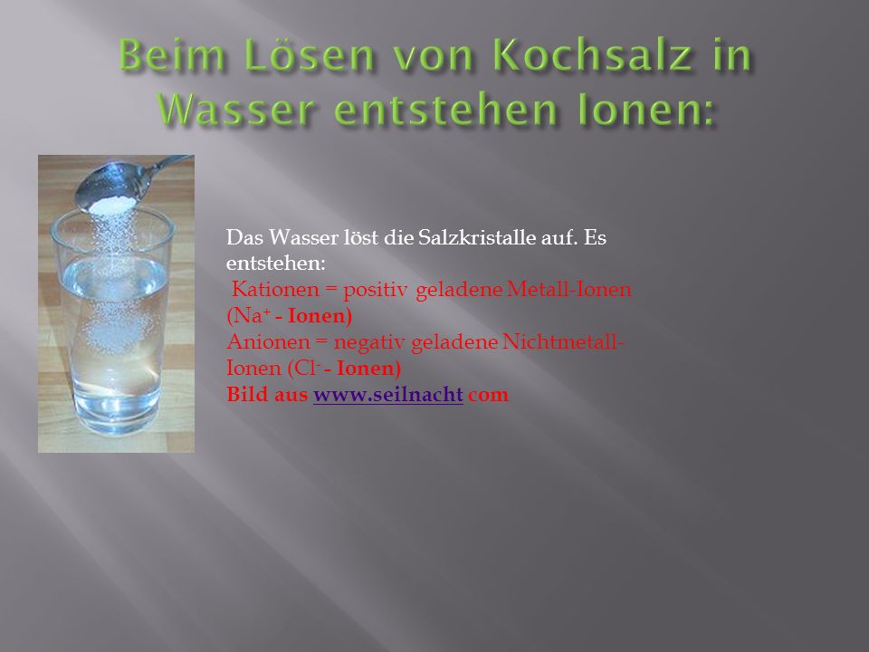 Beim Lösen von Kochsalz in Wasser entstehen Ionen: