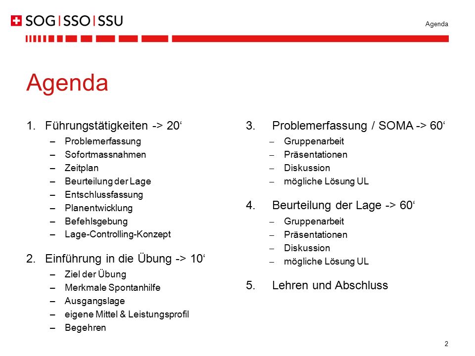 Agenda Führungstätigkeiten -> 20‘ Einführung in die Übung -> 10‘