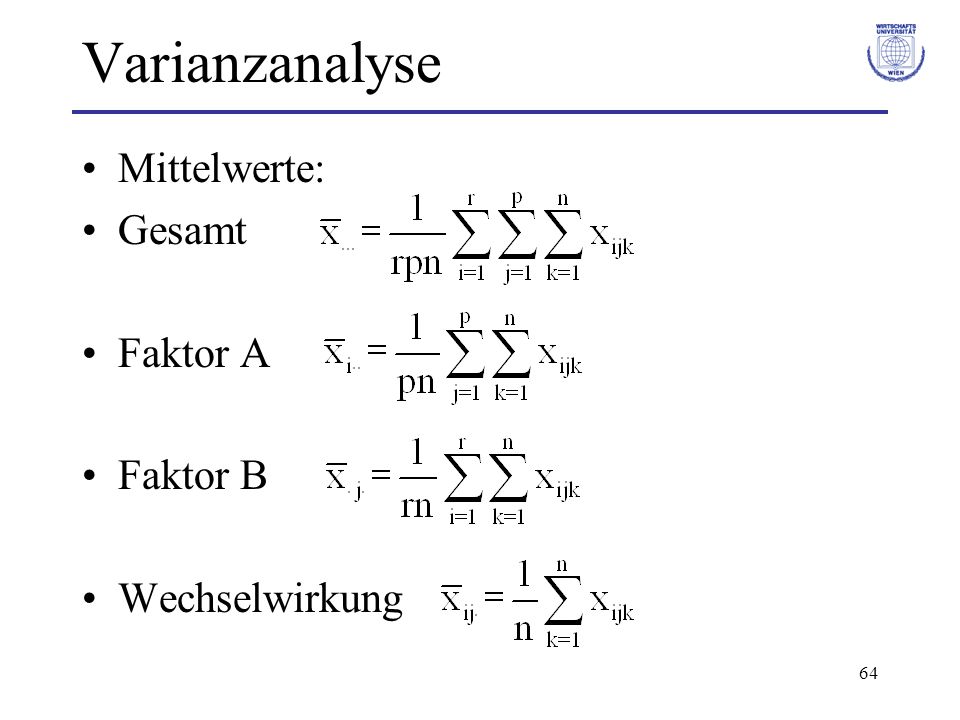 Varianzanalyse Mittelwerte: Gesamt Faktor A Faktor B Wechselwirkung