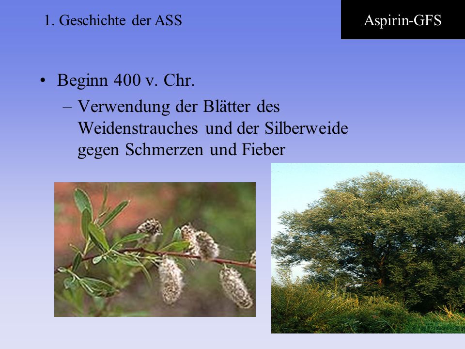 1. Geschichte der ASS Aspirin-GFS. Beginn 400 v.