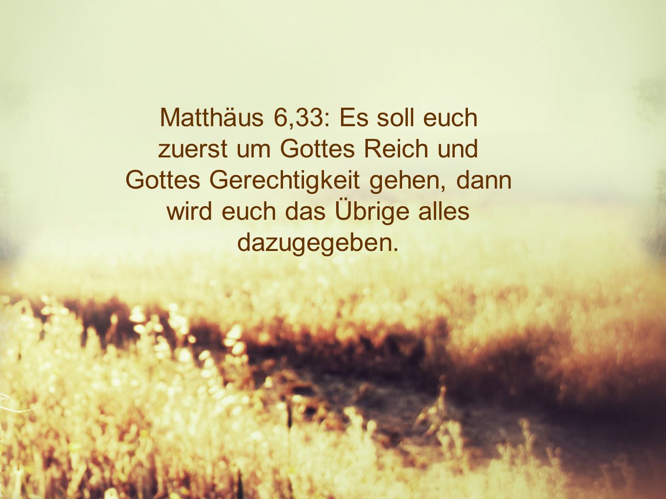 Matthäus 6,33: Es soll euch zuerst um Gottes Reich und Gottes Gerechtigkeit gehen, dann wird euch das Übrige alles dazugegeben.