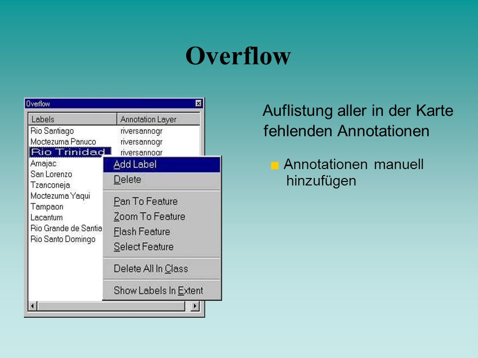 Overflow Auflistung aller in der Karte fehlenden Annotationen