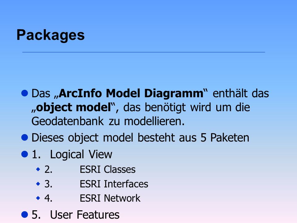 Packages Das „ArcInfo Model Diagramm enthält das „object model , das benötigt wird um die Geodatenbank zu modellieren.