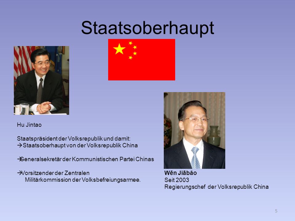 Staatsoberhaupt Hu Jintao Staatspräsident der Volksrepublik und damit: