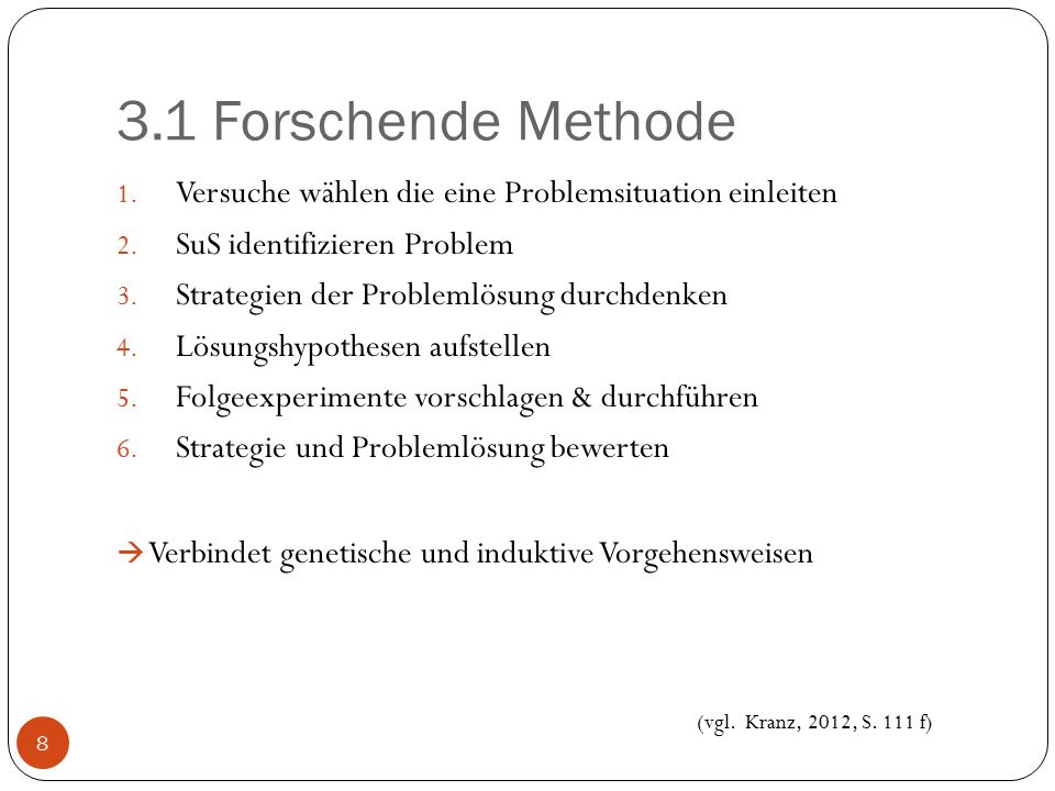 3.1 Forschende Methode Versuche wählen die eine Problemsituation einleiten. SuS identifizieren Problem.