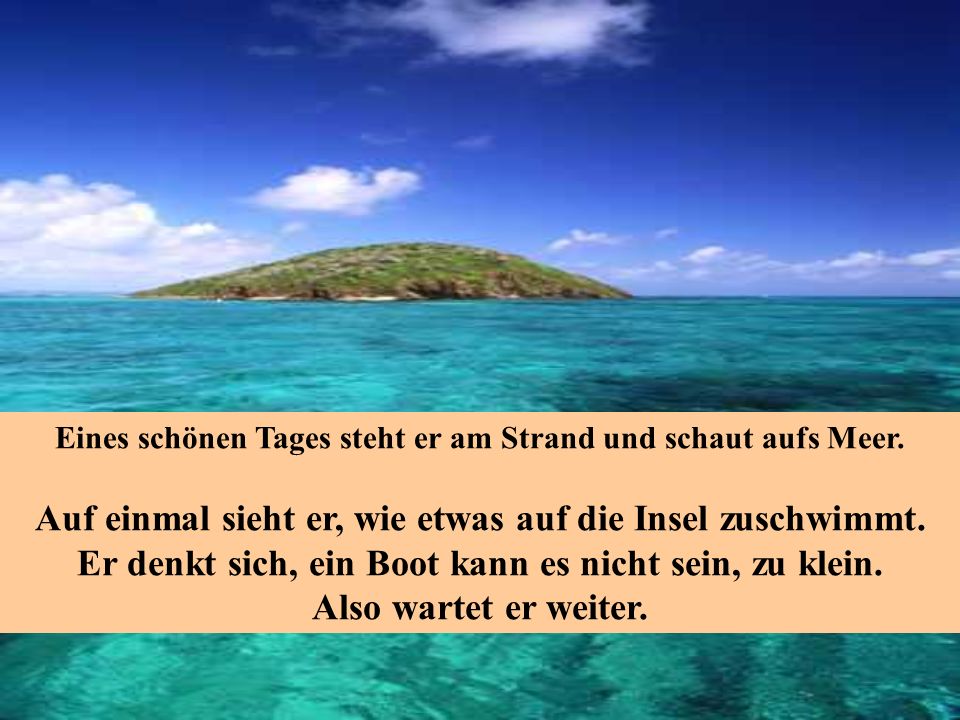 Auf einmal sieht er, wie etwas auf die Insel zuschwimmt.