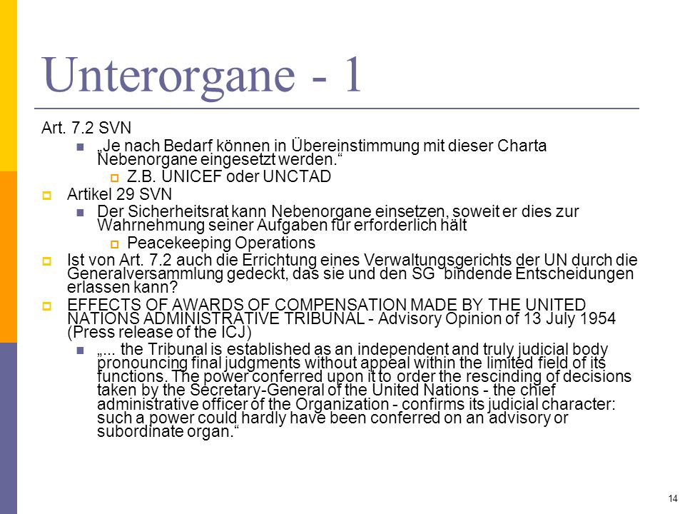 Unterorgane - 1 Art. 7.2 SVN. „Je nach Bedarf können in Übereinstimmung mit dieser Charta Nebenorgane eingesetzt werden.