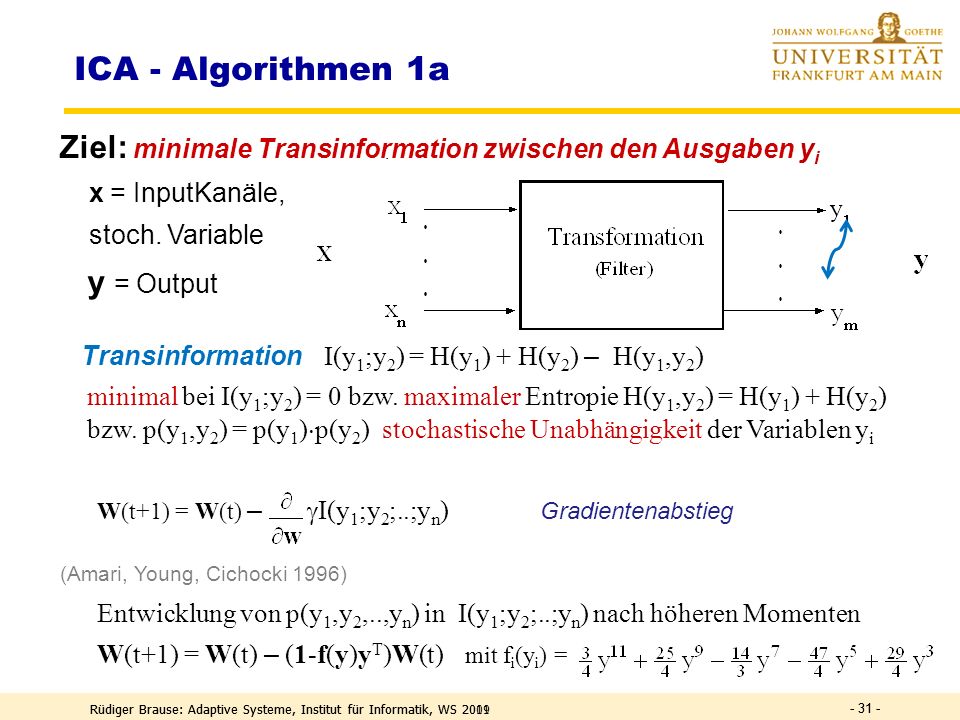 ICA - Algorithmen 1a Ziel: minimale Transinformation zwischen den Ausgaben yi. x = InputKanäle, stoch. Variable.