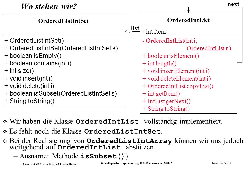 list OrderedListIntSet. + OrderedListIntSet() + OrderedListIntSet(OrderedListIntSet s) + boolean isEmpty()