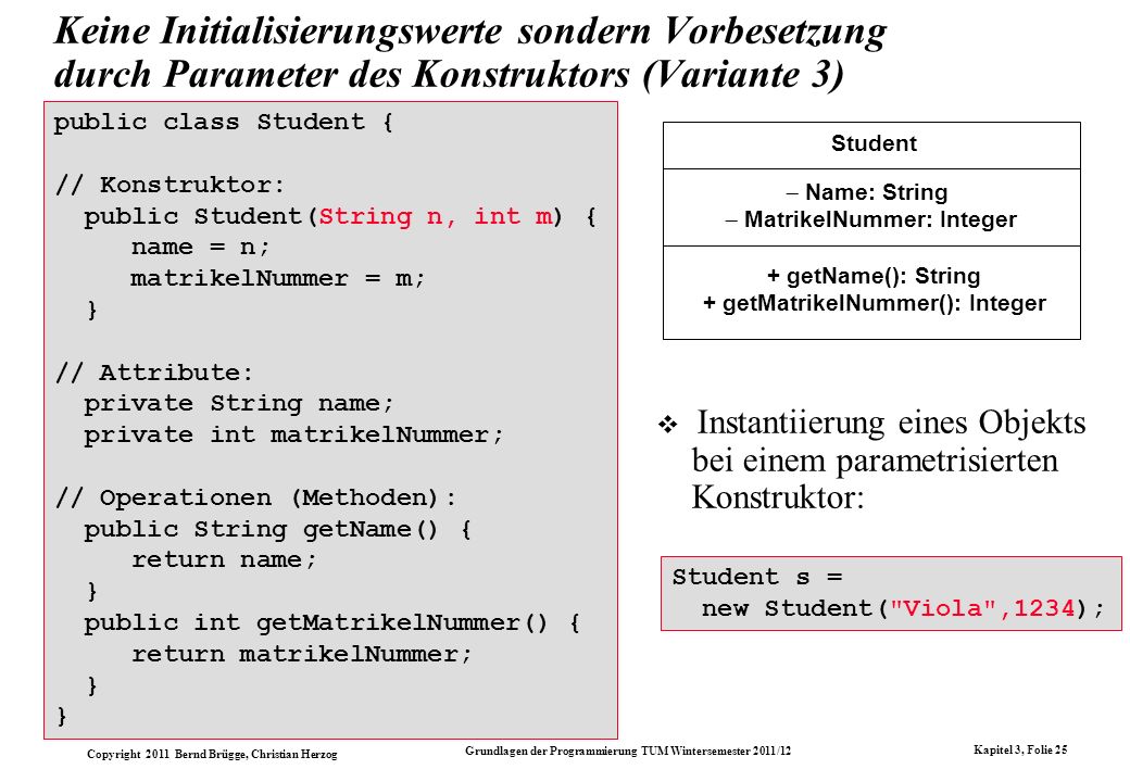 Keine Initialisierungswerte sondern Vorbesetzung durch Parameter des Konstruktors (Variante 3)