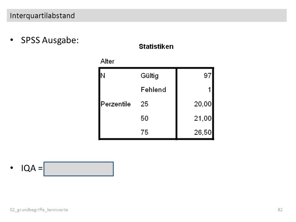 SPSS Ausgabe: IQA = 26.5 – 20.0 = 6.5 Interquartilabstand