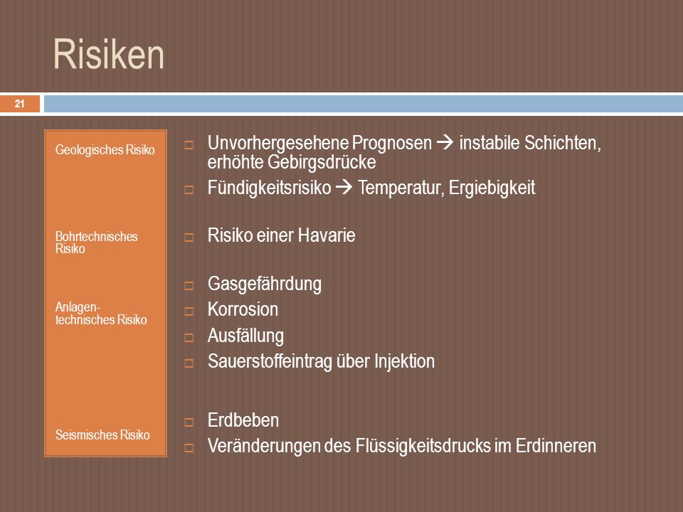 Risiken Geologisches Risiko. Bohrtechnisches Risiko. Anlagen- technisches Risiko. Seismisches Risiko.
