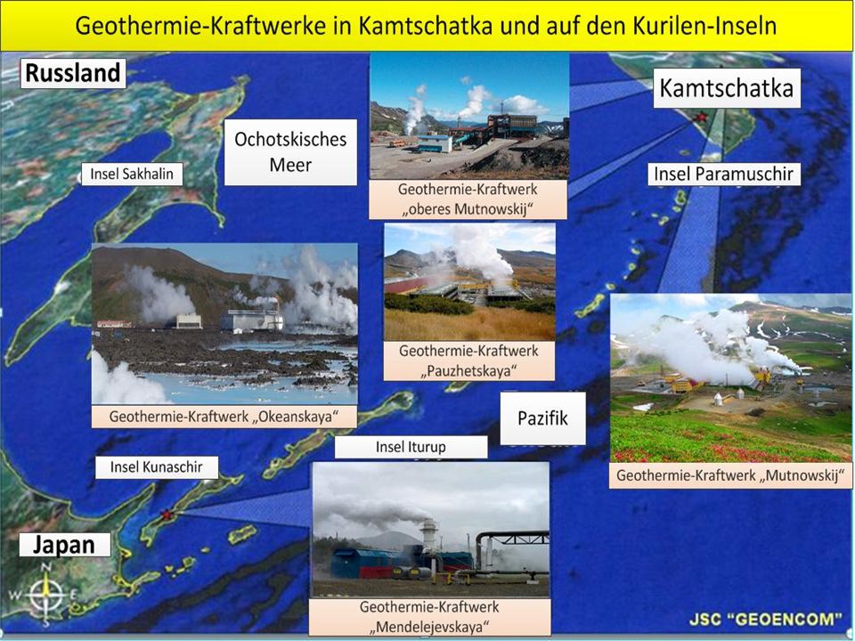 Erst einmal ein kurzer geografischer Überblich über die größten bereits bestehenden Kraftwerke in Kamtschatka und den Kurilen, die gezielt an den Vulkanregionen errichtet wurden.
