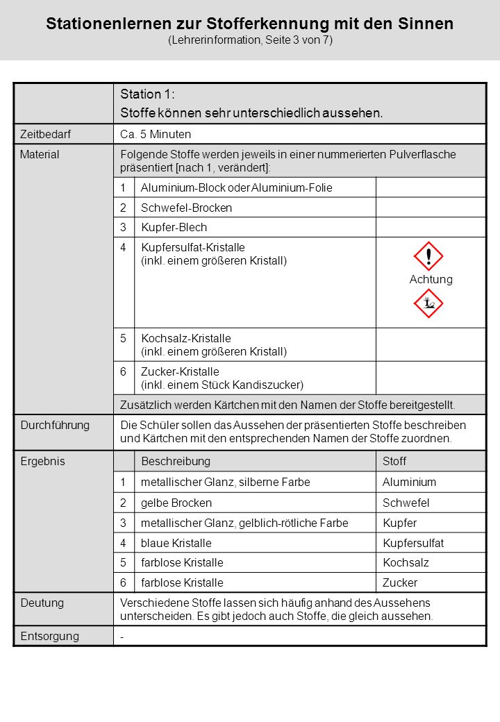 Stationenlernen zur Stofferkennung mit den Sinnen (Lehrerinformation, Seite 3 von 7)