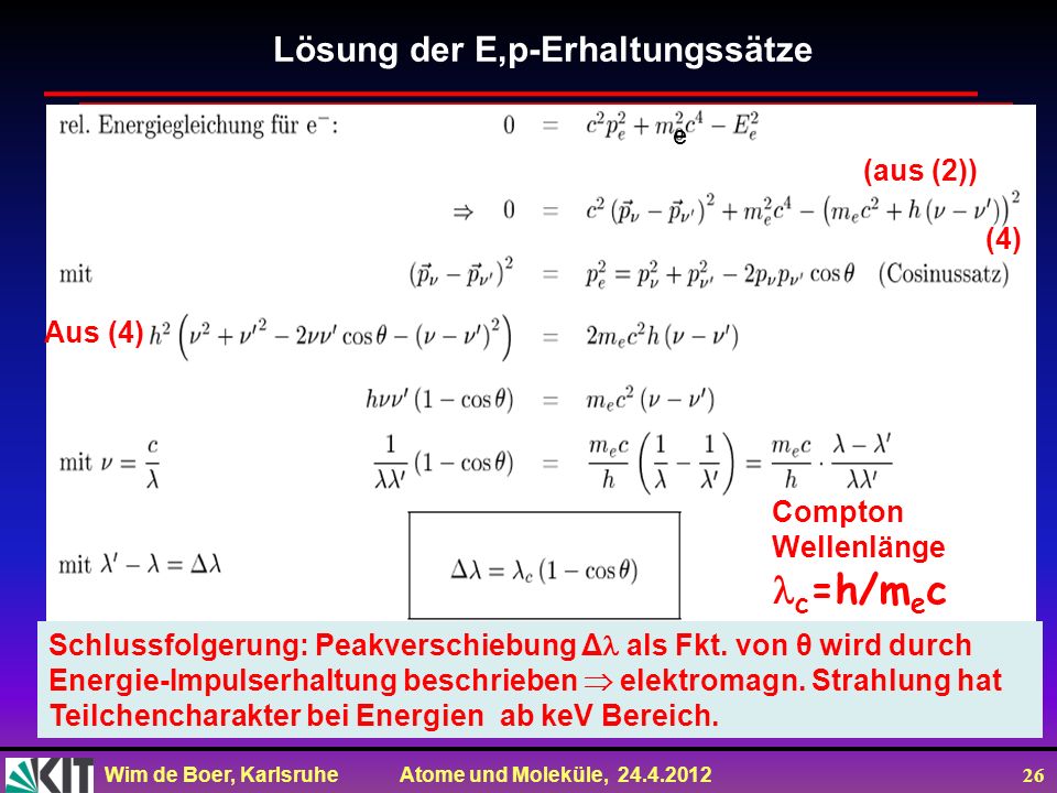 c=h/mec Lösung der E,p-Erhaltungssätze (aus (2)) (4) Aus (4) Compton