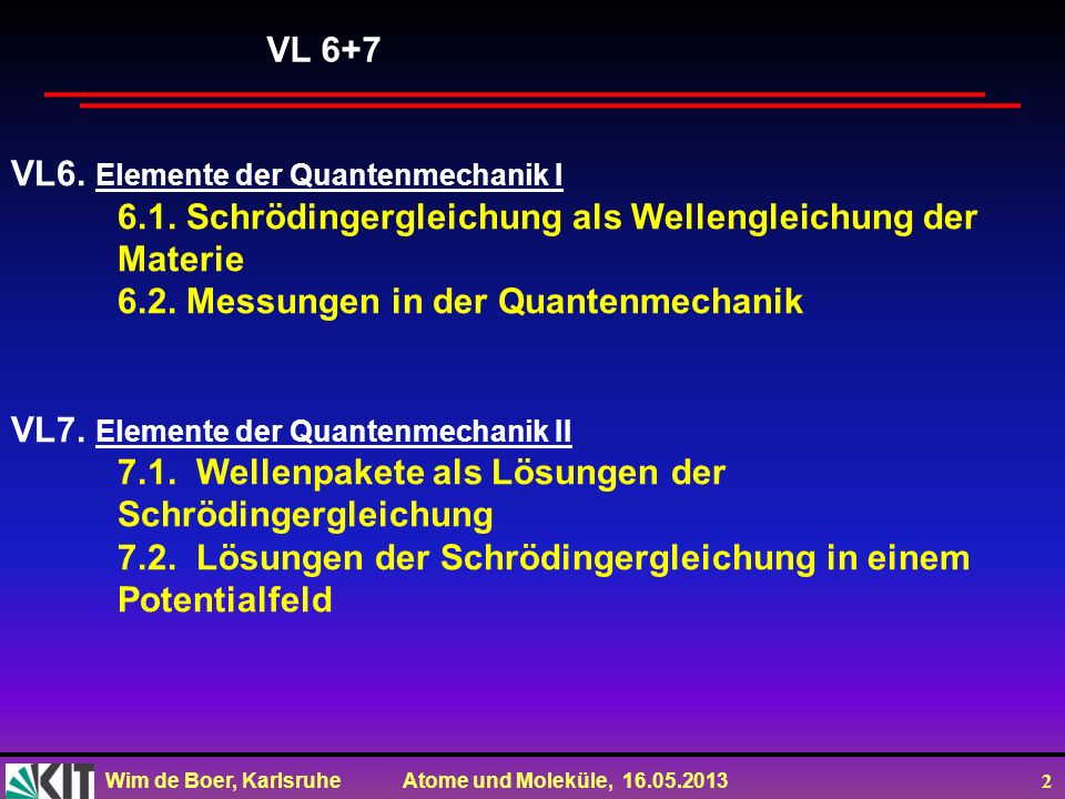 VL 6+7 VL6. Elemente der Quantenmechanik I Schrödingergleichung als Wellengleichung der Materie.