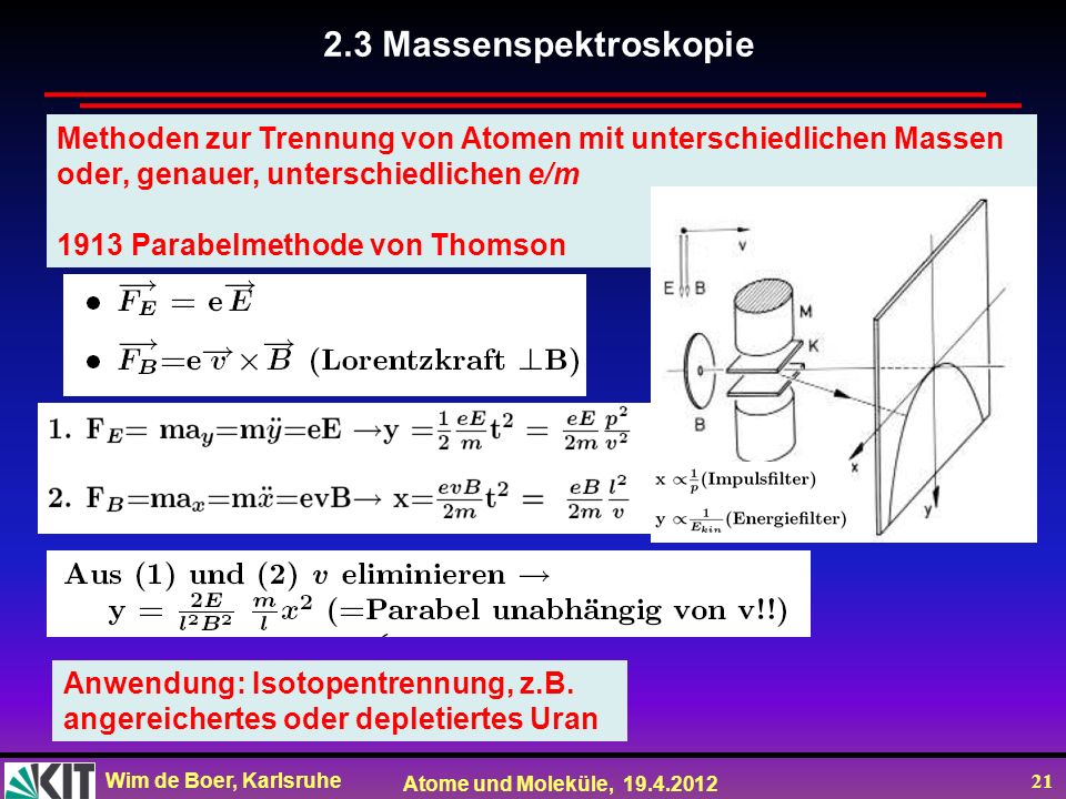2.3 Massenspektroskopie Methoden zur Trennung von Atomen mit unterschiedlichen Massen. oder, genauer, unterschiedlichen e/m.