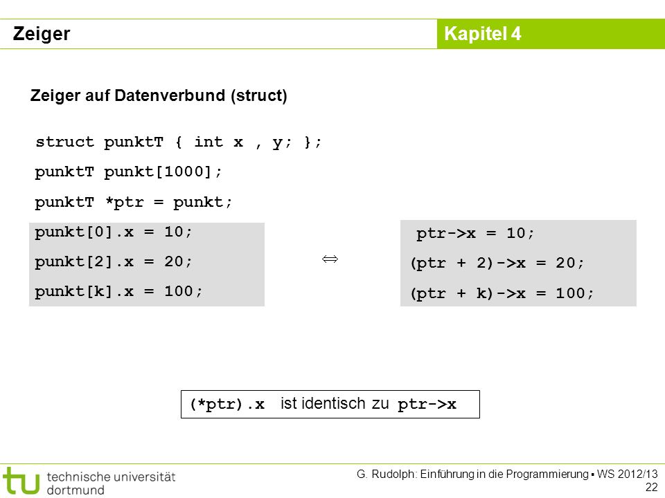 Zeiger Zeiger auf Datenverbund (struct) struct punktT { int x , y; };