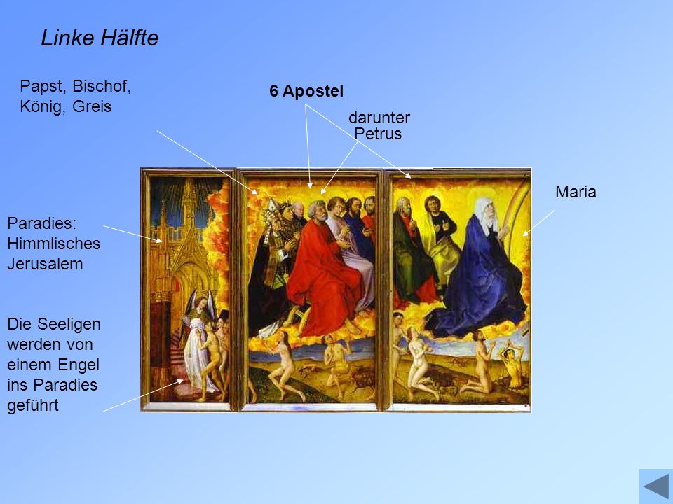 Linke Hälfte Papst, Bischof, König, Greis 6 Apostel darunter Petrus