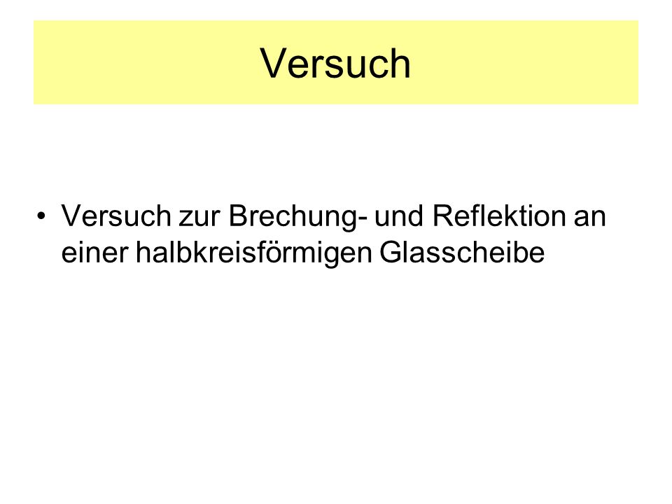 Versuch Versuch zur Brechung- und Reflektion an einer halbkreisförmigen Glasscheibe