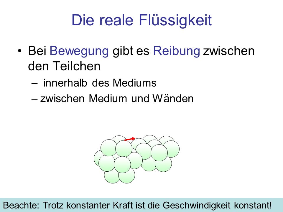 Die reale Flüssigkeit Bei Bewegung gibt es Reibung zwischen den Teilchen. innerhalb des Mediums. zwischen Medium und Wänden.