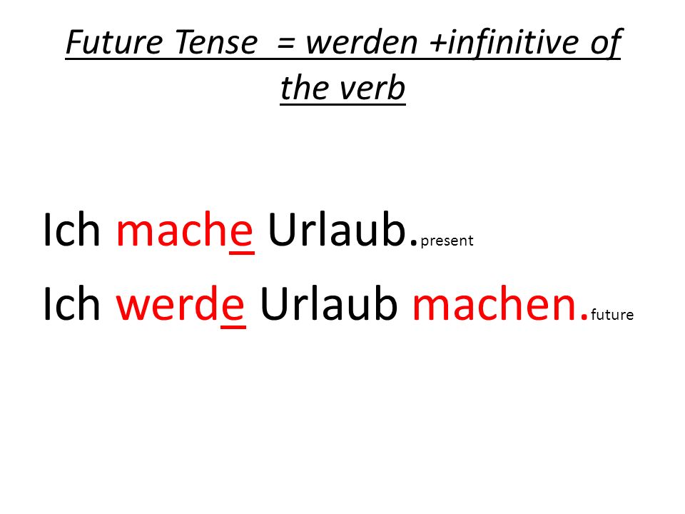 Future Tense = werden +infinitive of the verb