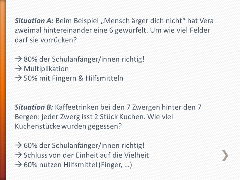 Situation A: Beim Beispiel „Mensch ärger dich nicht hat Vera zweimal hintereinander eine 6 gewürfelt. Um wie viel Felder darf sie vorrücken