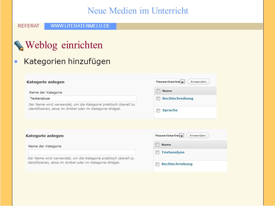 Weblog einrichten Kategorien hinzufügen