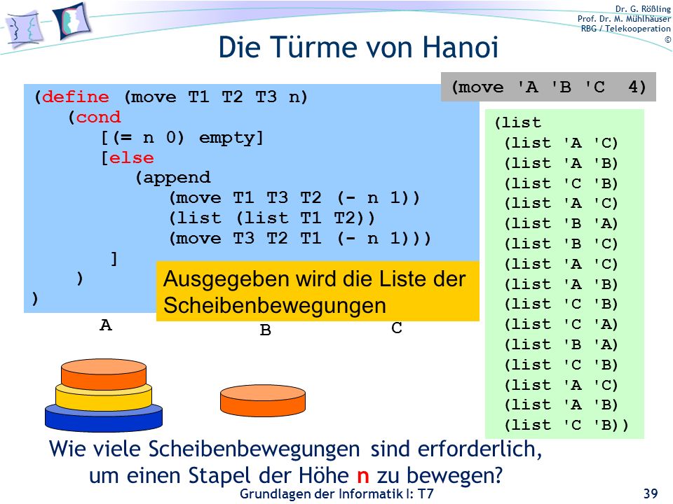 Die Türme von Hanoi Ausgegeben wird die Liste der Scheibenbewegungen