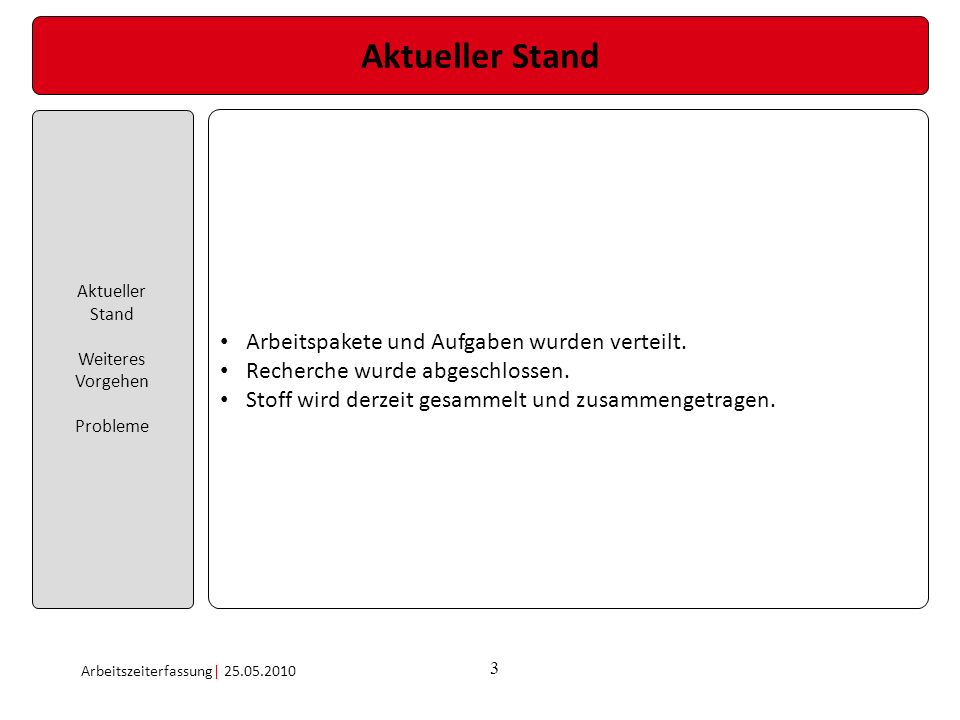 Aktueller Stand Arbeitspakete und Aufgaben wurden verteilt.