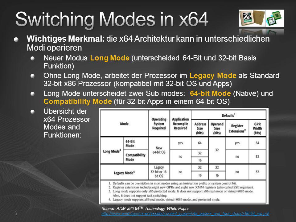 [Course Title] [Module Title] Switching Modes in x64. Wichtiges Merkmal: die x64 Architektur kann in unterschiedlichen Modi operieren.