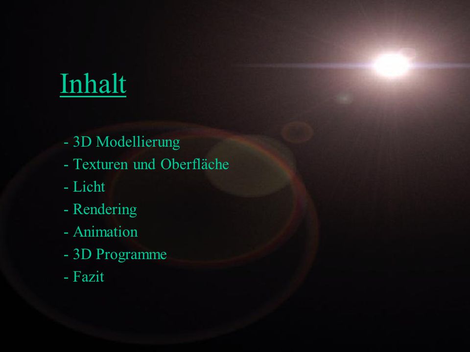 Inhalt - 3D Modellierung Texturen und Oberfläche Licht Rendering