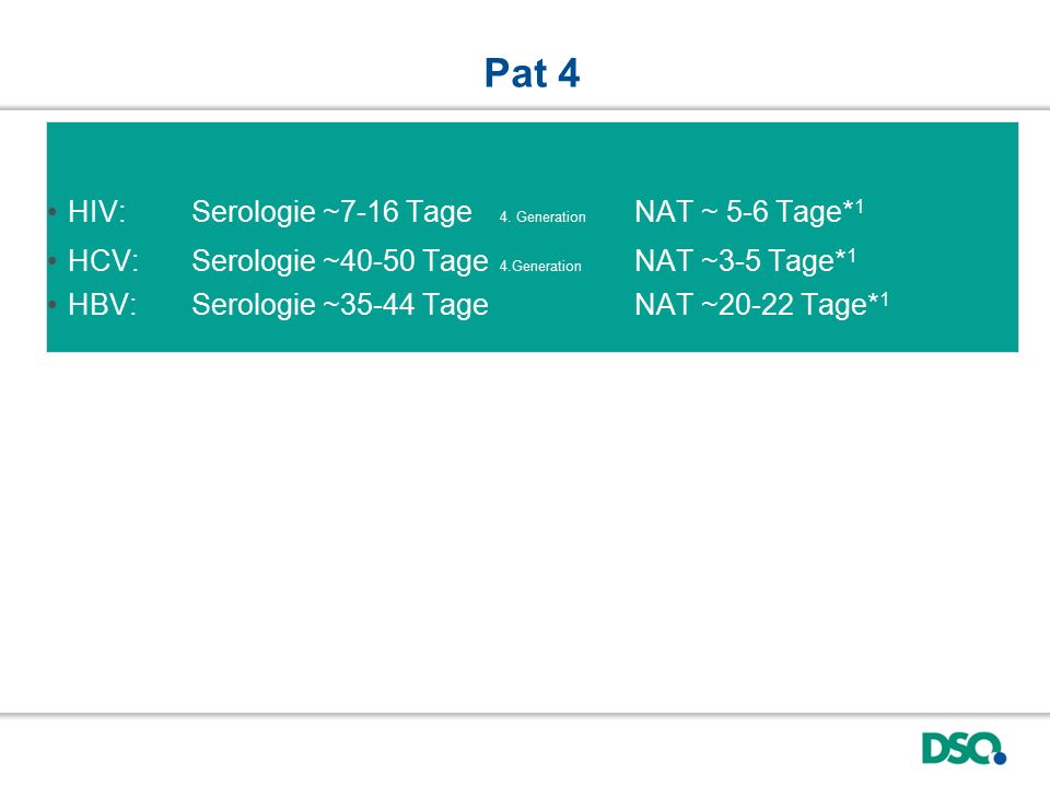 Pat 4 HIV: Serologie ~7-16 Tage 4. Generation NAT ~ 5-6 Tage*1