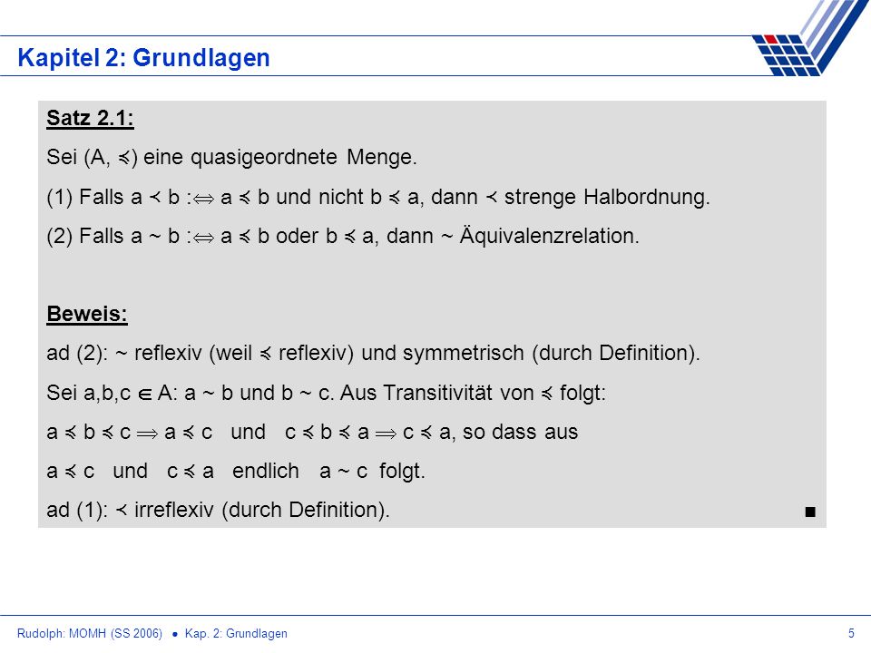 Kapitel 2: Grundlagen Satz 2.1: Sei (A, ≼) eine quasigeordnete Menge.