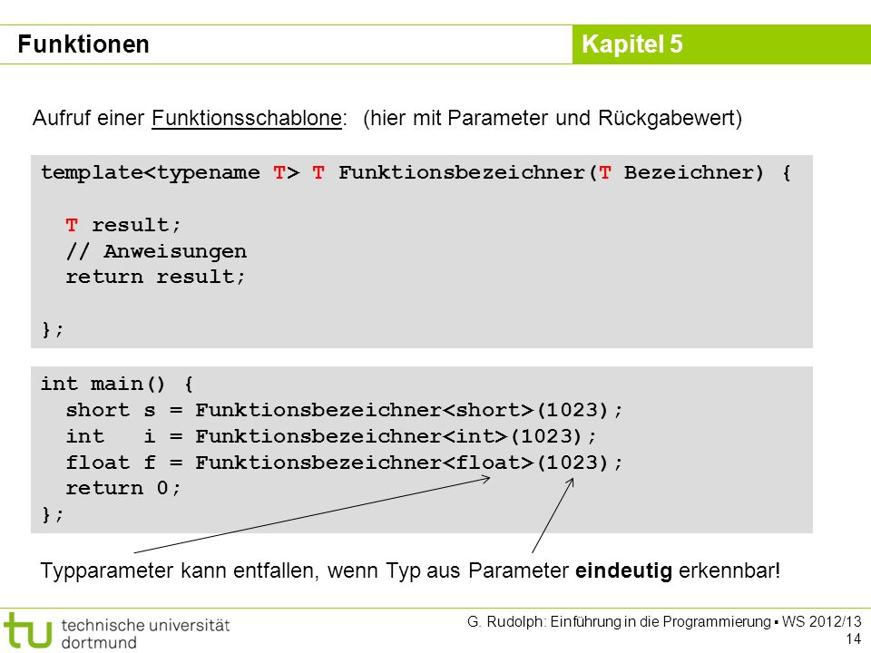 Funktionen Aufruf einer Funktionsschablone: (hier mit Parameter und Rückgabewert) template<typename T> T Funktionsbezeichner(T Bezeichner) {