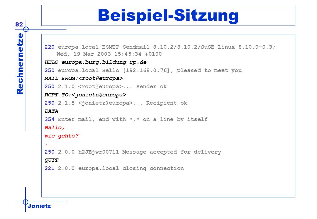 Beispiel-Sitzung 220 europa.local ESMTP Sendmail /8.10.2/SuSE Linux ; Wed, 19 Mar :45: