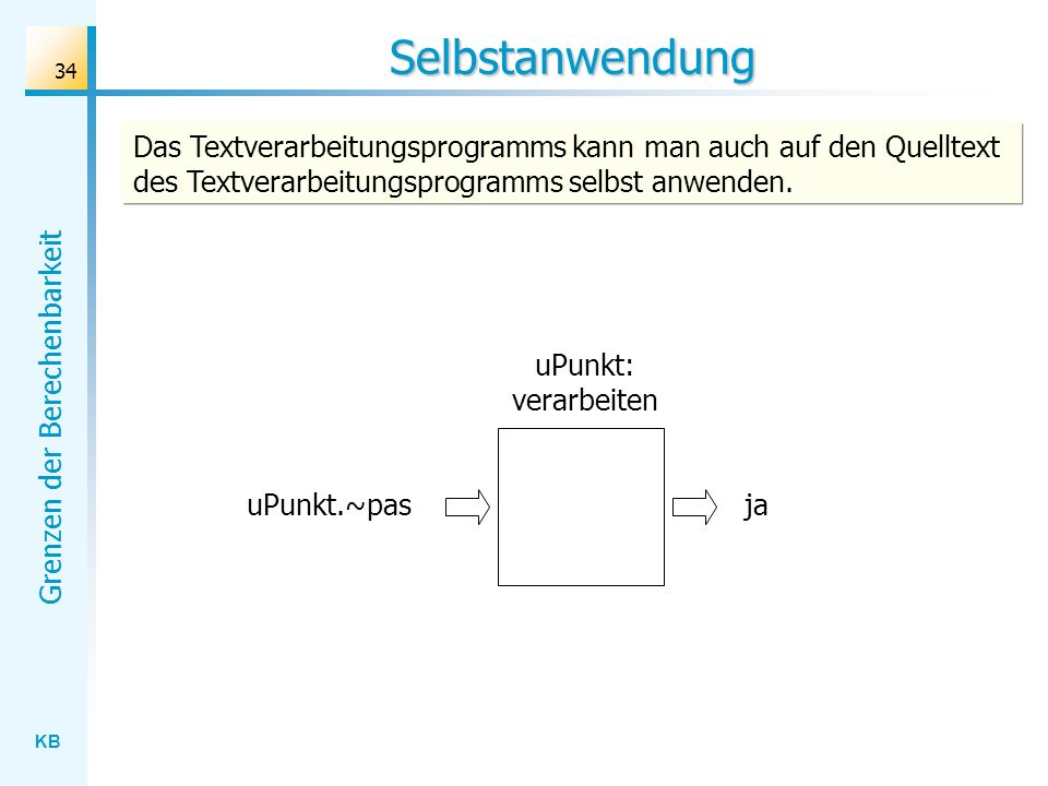 Selbstanwendung Das Textverarbeitungsprogramms kann man auch auf den Quelltext des Textverarbeitungsprogramms selbst anwenden.