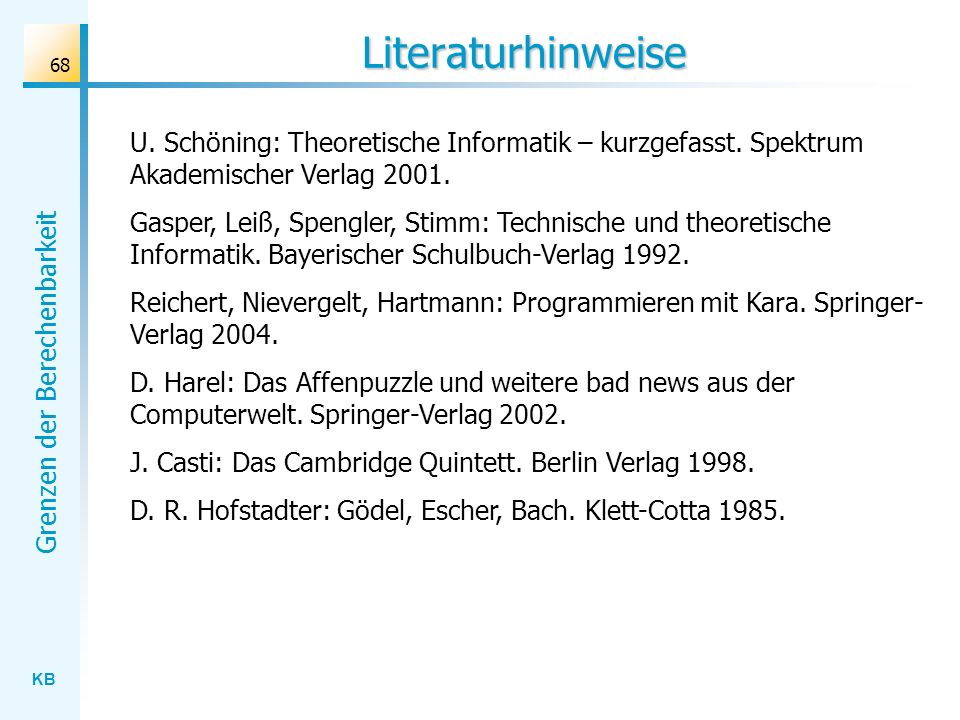 Literaturhinweise U. Schöning: Theoretische Informatik – kurzgefasst. Spektrum Akademischer Verlag