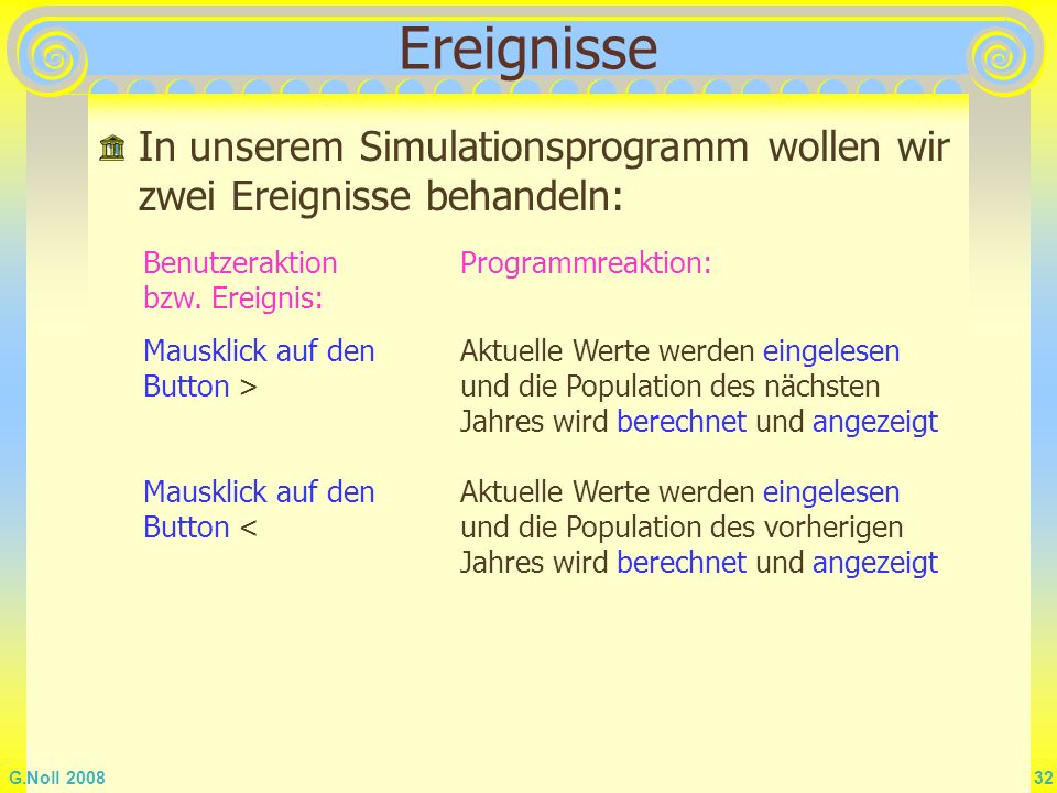 Ereignisse In unserem Simulationsprogramm wollen wir zwei Ereignisse behandeln: Benutzeraktion bzw. Ereignis: