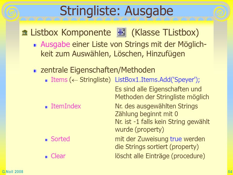 Stringliste: Ausgabe Listbox Komponente (Klasse TListbox)